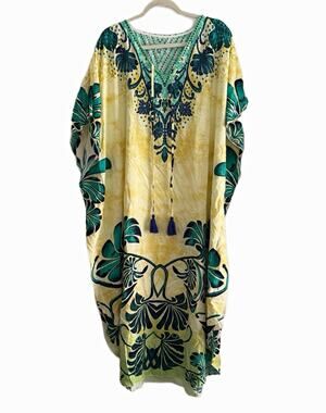 Eddoyee Women’s Yellow/Green Beach Kaftan Maxi Dress V-Neck One Size